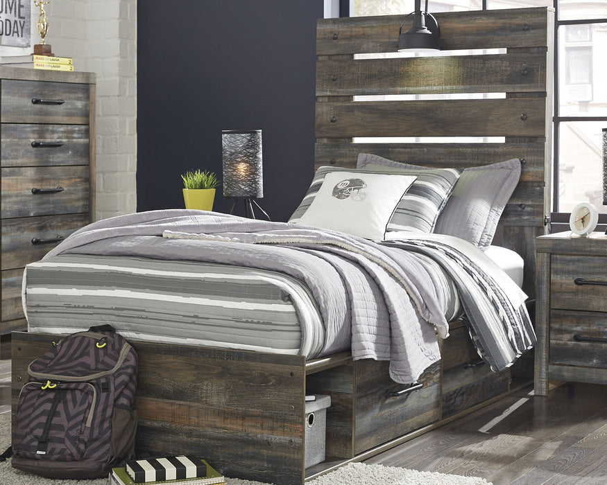 Drystan Twin Panel Bed with 4 Storage Drawers with Mirrored Dresser and 2 Nightstands JR Furniture Store