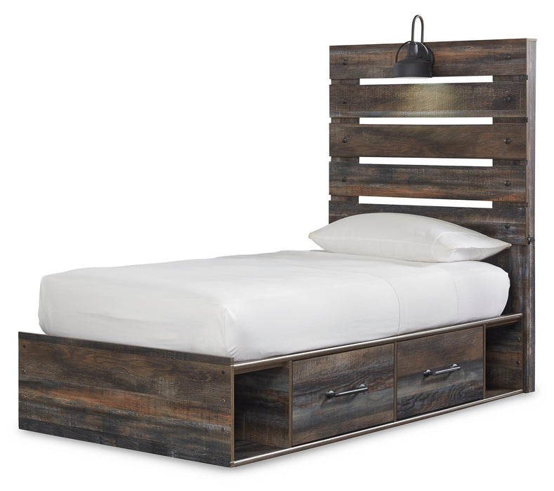 Drystan Twin Panel Bed with 4 Storage Drawers with Mirrored Dresser and 2 Nightstands JR Furniture Store