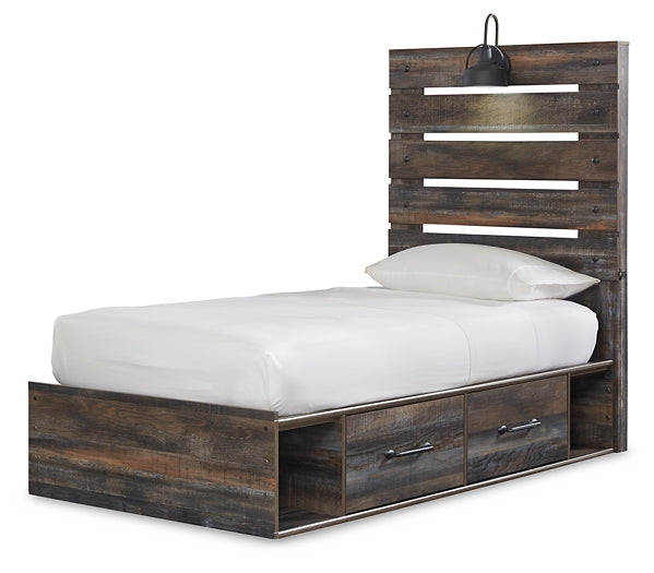 Drystan Twin Panel Bed with 4 Storage Drawers with Mirrored Dresser and Chest JR Furniture Store