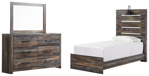 Drystan Twin Panel Bed with Mirrored Dresser JR Furniture Store