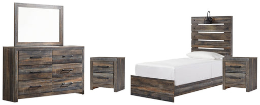 Drystan Twin Panel Bed with Mirrored Dresser and 2 Nightstands JR Furniture Store