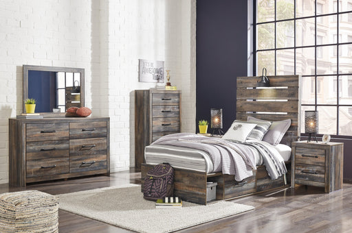 Drystan Twin Panel Headboard with Mirrored Dresser, Chest and 2 Nightstands JR Furniture Store