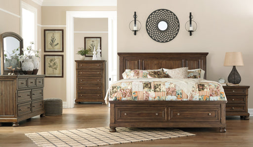 Flynnter California King Panel Bed with 2 Storage Drawers with Mirrored Dresser, Chest and Nightstand JR Furniture Store