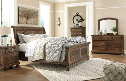Flynnter King Panel Bed with 2 Storage Drawers with Mirrored Dresser, Chest and Nightstand JR Furniture Store