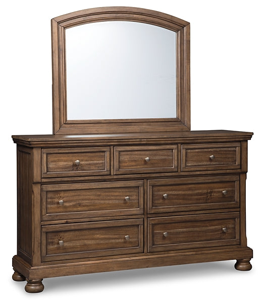 Flynnter King Panel Bed with 2 Storage Drawers with Mirrored Dresser, Chest and Nightstand JR Furniture Store