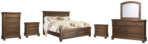 Flynnter Queen Panel Bed with 2 Storage Drawers with Mirrored Dresser, Chest and 2 Nightstands JR Furniture Store