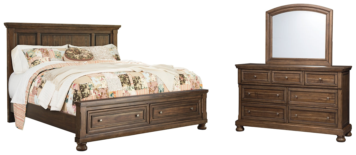 Flynnter Queen Panel Bed with 2 Storage Drawers with Mirrored Dresser JR Furniture Store