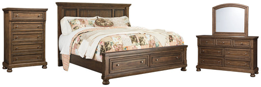 Flynnter Queen Panel Bed with 2 Storage Drawers with Mirrored Dresser and Chest JR Furniture Store