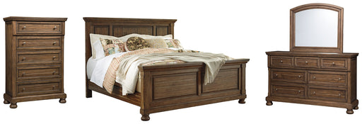 Flynnter Queen Panel Bed with Mirrored Dresser and Chest JR Furniture Store