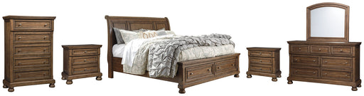 Flynnter Queen Sleigh Bed with 2 Storage Drawers with Mirrored Dresser, Chest and 2 Nightstands JR Furniture Store