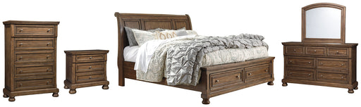 Flynnter Queen Sleigh Bed with 2 Storage Drawers with Mirrored Dresser, Chest and Nightstand JR Furniture Store