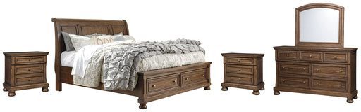 Flynnter Queen Sleigh Bed with 2 Storage Drawers with Mirrored Dresser and 2 Nightstands JR Furniture Store