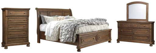 Flynnter Queen Sleigh Bed with 2 Storage Drawers with Mirrored Dresser and Chest JR Furniture Store