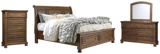 Flynnter Queen Sleigh Bed with 2 Storage Drawers with Mirrored Dresser and Chest JR Furniture Store