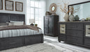 Foyland California King Panel Storage Bed with Mirrored Dresser and Chest JR Furniture Store