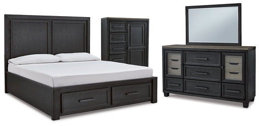 Foyland King Panel Storage Bed with Mirrored Dresser and Chest JR Furniture Store