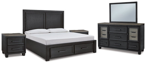 Foyland Queen Panel Storage Bed with Mirrored Dresser and 2 Nightstands JR Furniture Store
