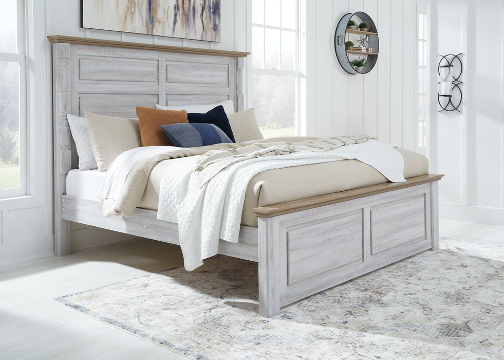 Haven Bay King Panel Bed with Mirrored Dresser, Chest and 2 Nightstands JR Furniture Store
