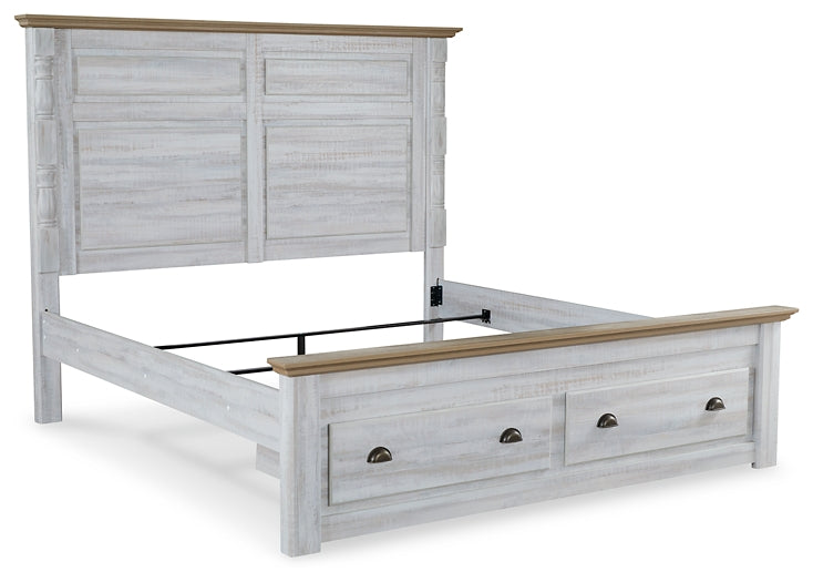 Haven Bay King Panel Storage Bed with Mirrored Dresser and 2 Nightstands JR Furniture Store