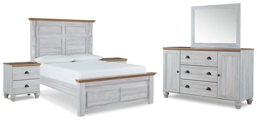 Haven Bay Queen Panel Bed with Mirrored Dresser and 2 Nightstands JR Furniture Store