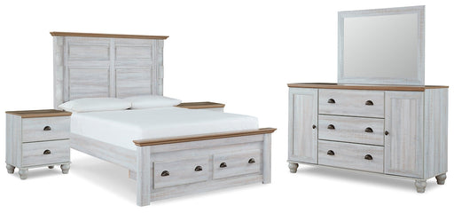 Haven Bay Queen Panel Storage Bed with Mirrored Dresser and 2 Nightstands JR Furniture Store