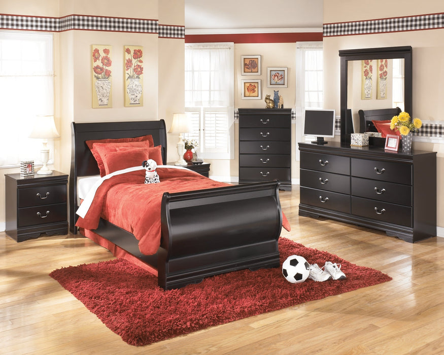 Huey Vineyard Twin Sleigh Bed with Mirrored Dresser, Chest and 2 Nightstands JR Furniture Storefurniture, home furniture, home decor