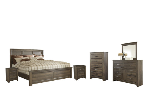 Juararo California King Panel Bed with Mirrored Dresser, Chest and 2 Nightstands JR Furniture Storefurniture, home furniture, home decor