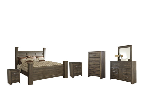 Juararo California King Poster Bed with Mirrored Dresser, Chest and 2 Nightstands JR Furniture Storefurniture, home furniture, home decor