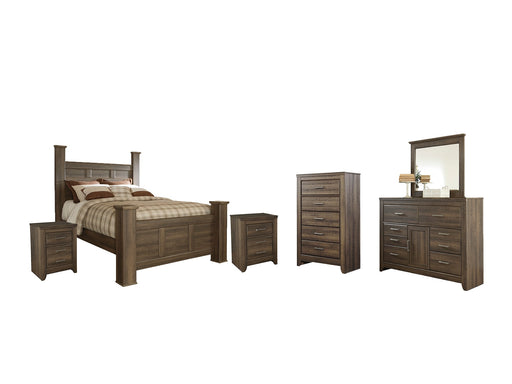 Juararo Queen Poster Bed with Mirrored Dresser, Chest and 2 Nightstands JR Furniture Storefurniture, home furniture, home decor