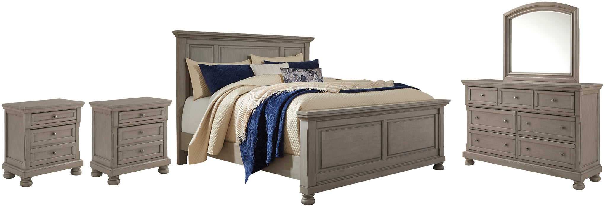 Lettner California King Panel Bed with Mirrored Dresser and 2 Nightstands JR Furniture Storefurniture, home furniture, home decor