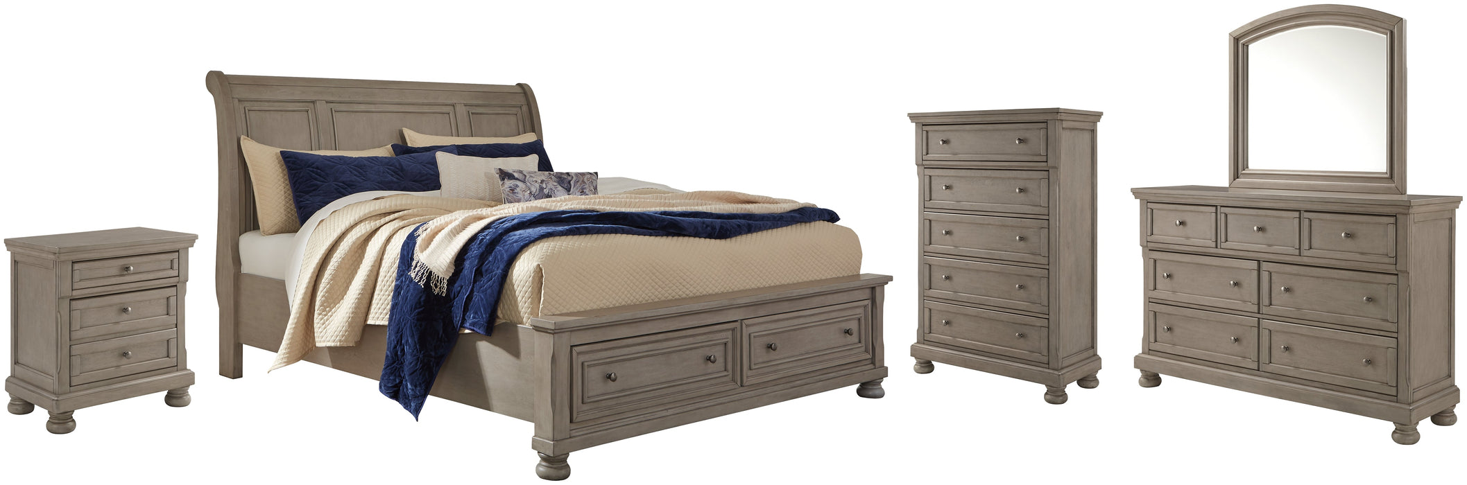 Lettner King Sleigh Bed with 2 Storage Drawers with Mirrored Dresser, Chest and Nightstand JR Furniture Storefurniture, home furniture, home decor