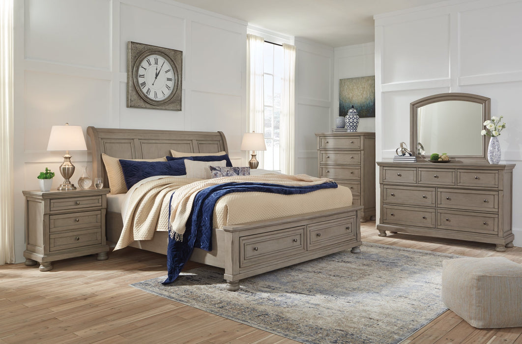 Lettner King Sleigh Bed with 2 Storage Drawers with Mirrored Dresser and 2 Nightstands JR Furniture Storefurniture, home furniture, home decor