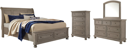 Lettner King Sleigh Bed with 2 Storage Drawers with Mirrored Dresser and Chest JR Furniture Storefurniture, home furniture, home decor