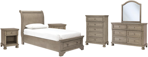 Lettner Twin Sleigh Bed with Mirrored Dresser, Chest and 2 Nightstands JR Furniture Storefurniture, home furniture, home decor