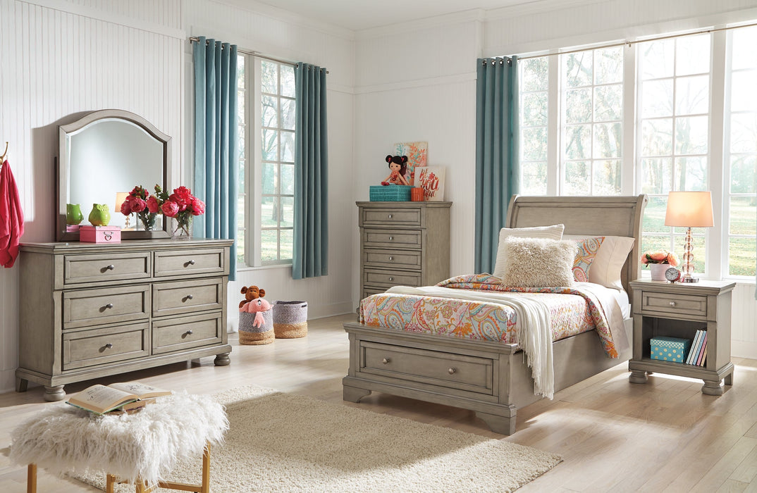 Lettner Twin Sleigh Bed with Mirrored Dresser, Chest and 2 Nightstands JR Furniture Storefurniture, home furniture, home decor