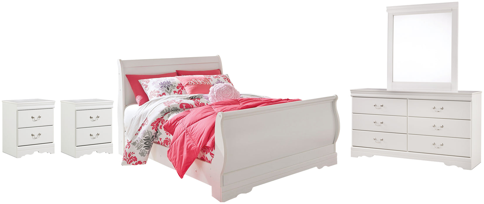 Anarasia Full Sleigh Bed with Mirrored Dresser and 2 Nightstands