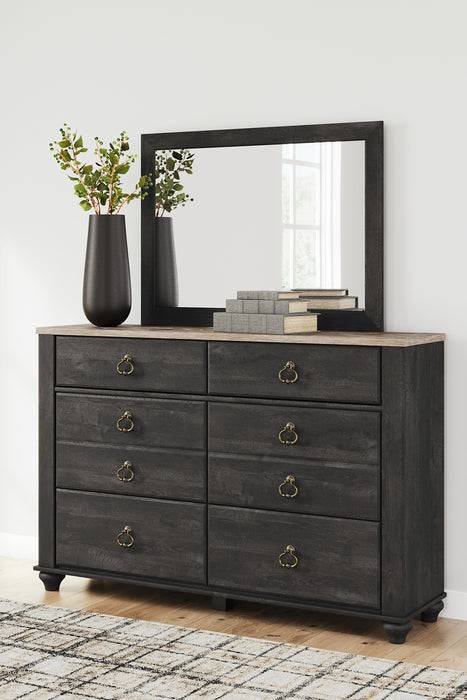 Nanforth Queen Panel Headboard with Mirrored Dresser and Chest