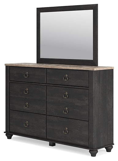 Nanforth Queen Panel Bed with Mirrored Dresser and Chest