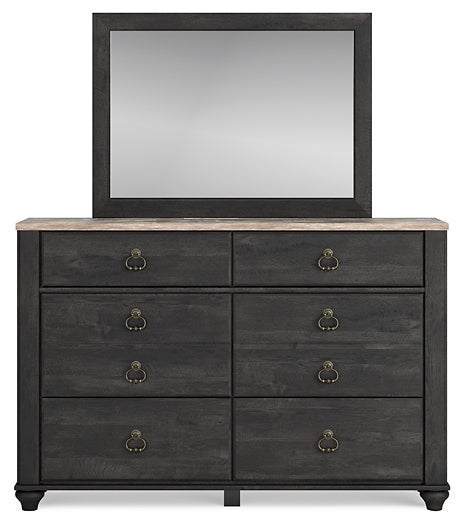 Nanforth Queen Panel Headboard with Mirrored Dresser and 2 Nightstands
